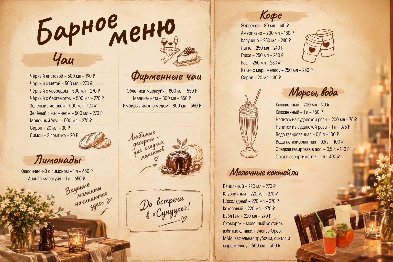 Меню открытия Барное